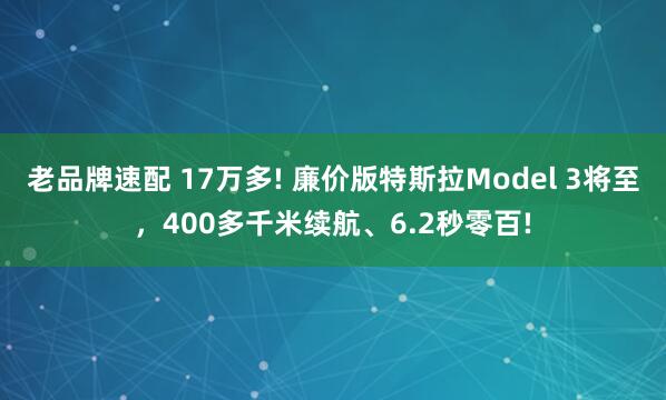 老品牌速配 17万多! 廉价版特斯拉Model 3将至，400多千米续航、6.2秒零百!